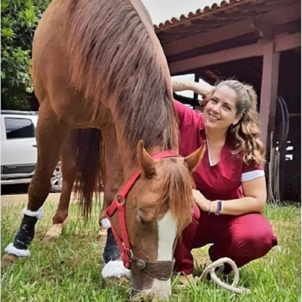 Dra. Fabíola Farinelli realizando avaliação de marcha em cavalo durante aula prática de fisiatria equina no Instituto VetSociety