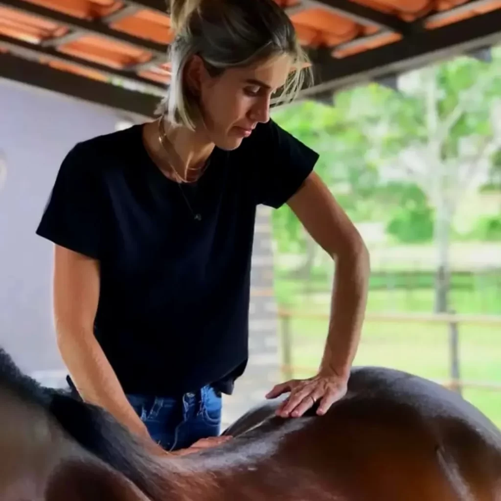 Dra. Thamires R. C. Lara Rezende realizando avaliação postural e alongamento em cavalo durante aula prática de Fisiatria de Equinos no Instituto VetSociety